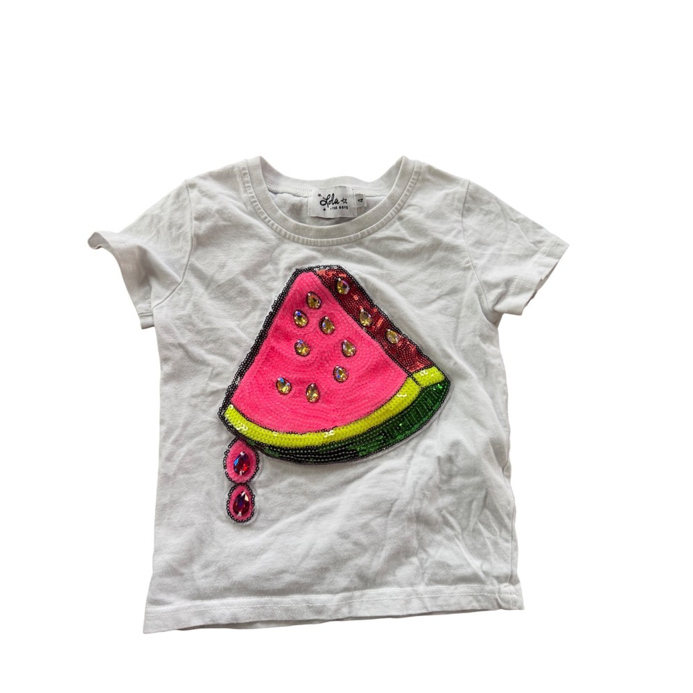 Lola + The Boys Girls‎ White Watermelon Sequin Rhinestone Graphic T-Shirt Size 4